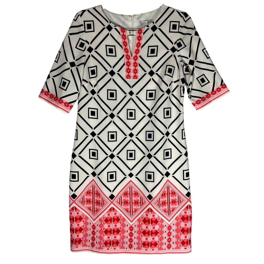 Sandra Darren NWT Black & White Geometric Shift Dress Sz 6 Half Sleeve Pink Mod